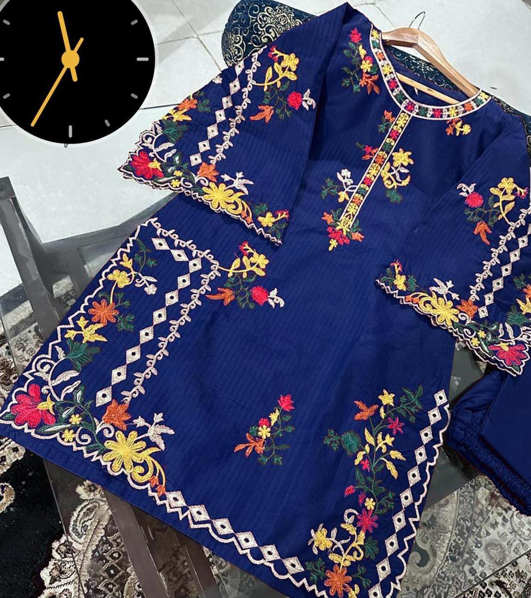 2 Pcs Women's Stitched Linen Embroidered Shirt And Trouser