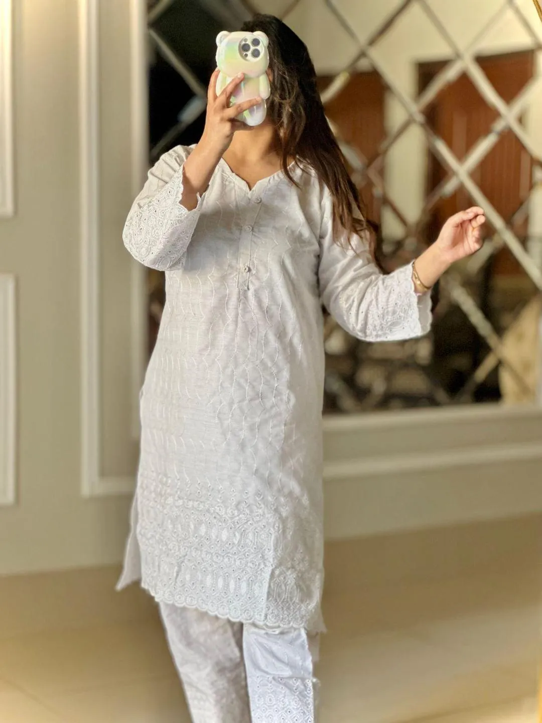 Elegant White Cotton Embroidered Shirt and Trouser Set - 2 Pcs for Everyday Wear