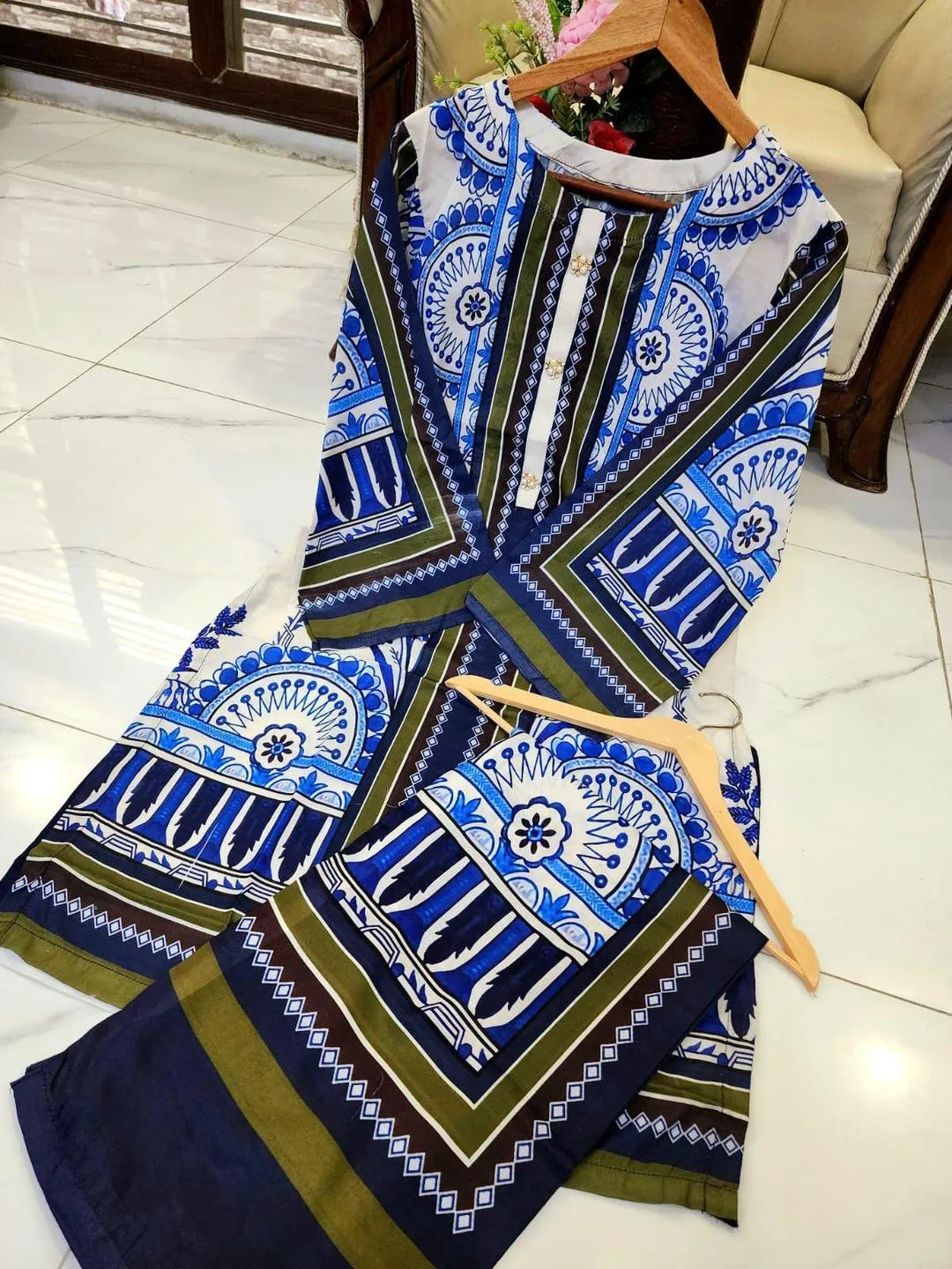 Stylish Women's Stitched Shirt And Trouser Set - 2 Pcs Multicolor Digital Print in Swiss Lawn