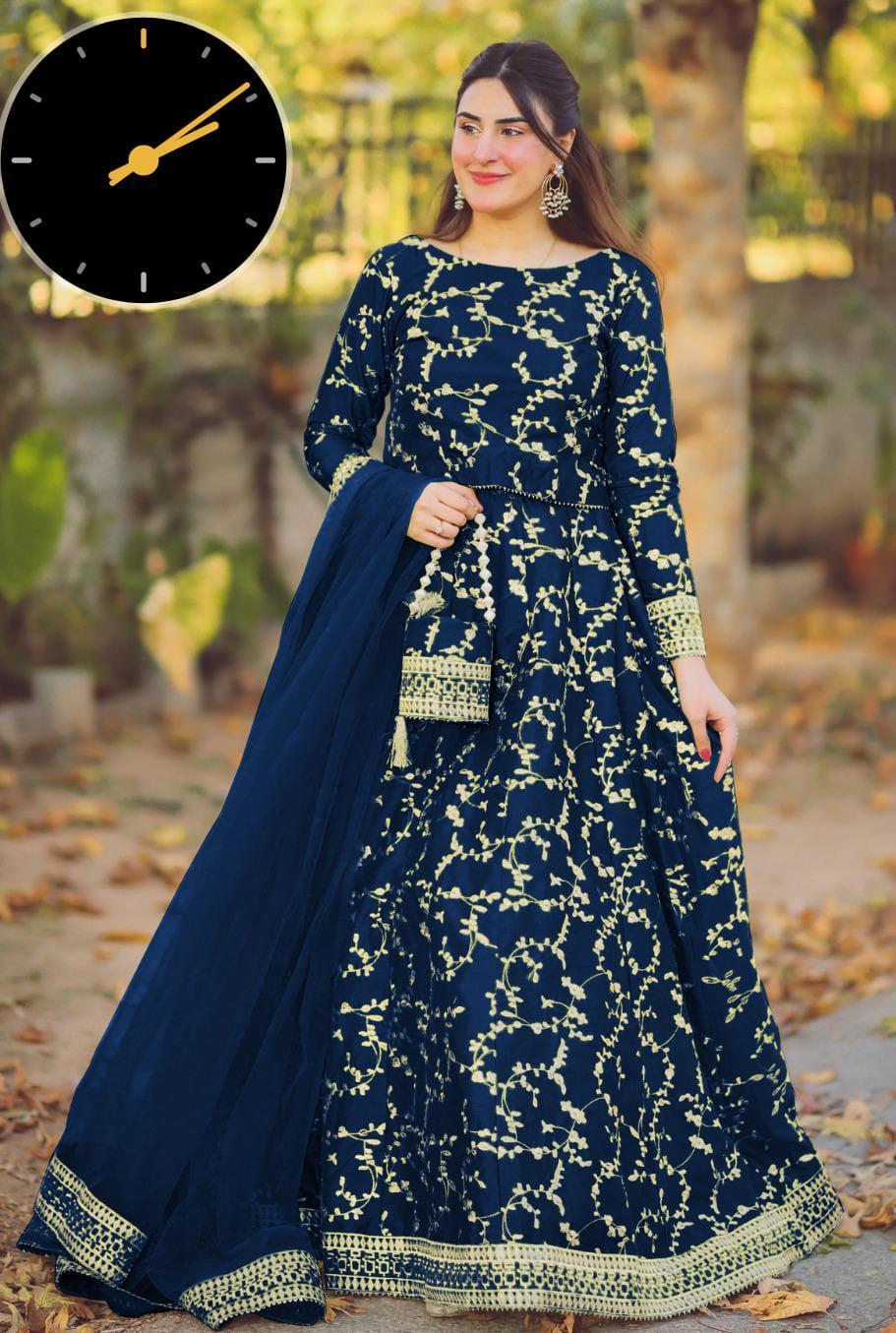 4 Pcs Embroidered Shamose Silk Lehenga Choli Set in Blue