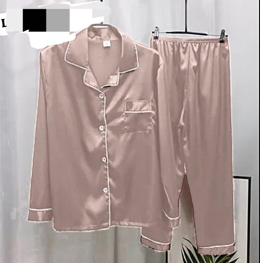 Luxurious Silk Night Suit Set - 2 Pcs in Plain Pink