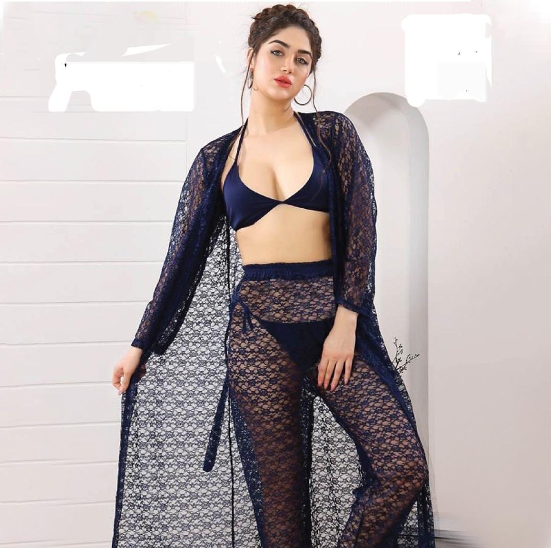 Lace-Work Net Night Suit - 4 Pcs Set