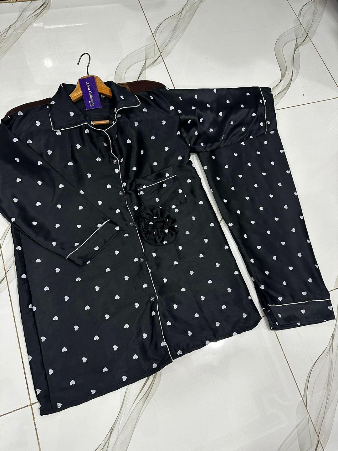 2 Pcs Women's Stitched Printed Night Suit (With Heart Printed Hair Scrunch)