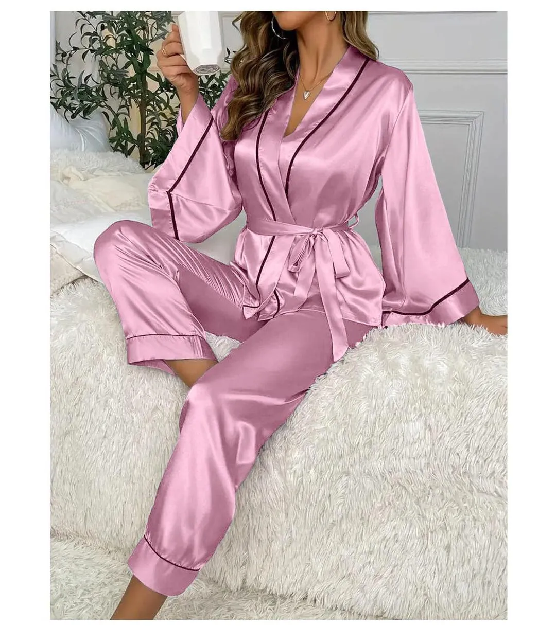 Women's Silk Night Suit - Comfortable 2 Pcs Set in Plain Pink