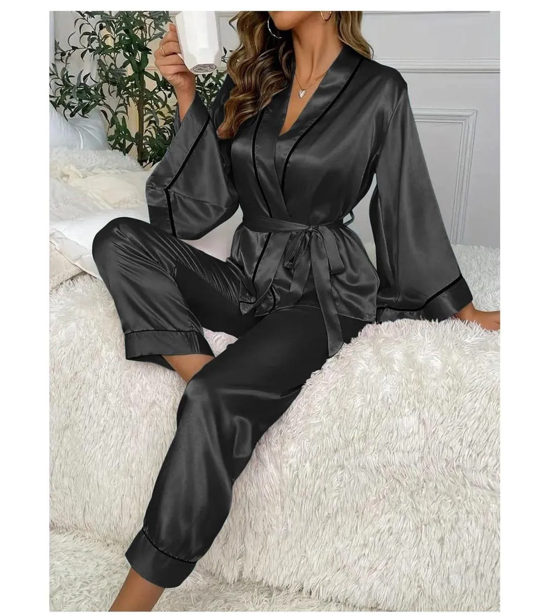 Luxurious 2 Pcs Silk Night Suit - Plain Black Women's Stitched Sleepwear