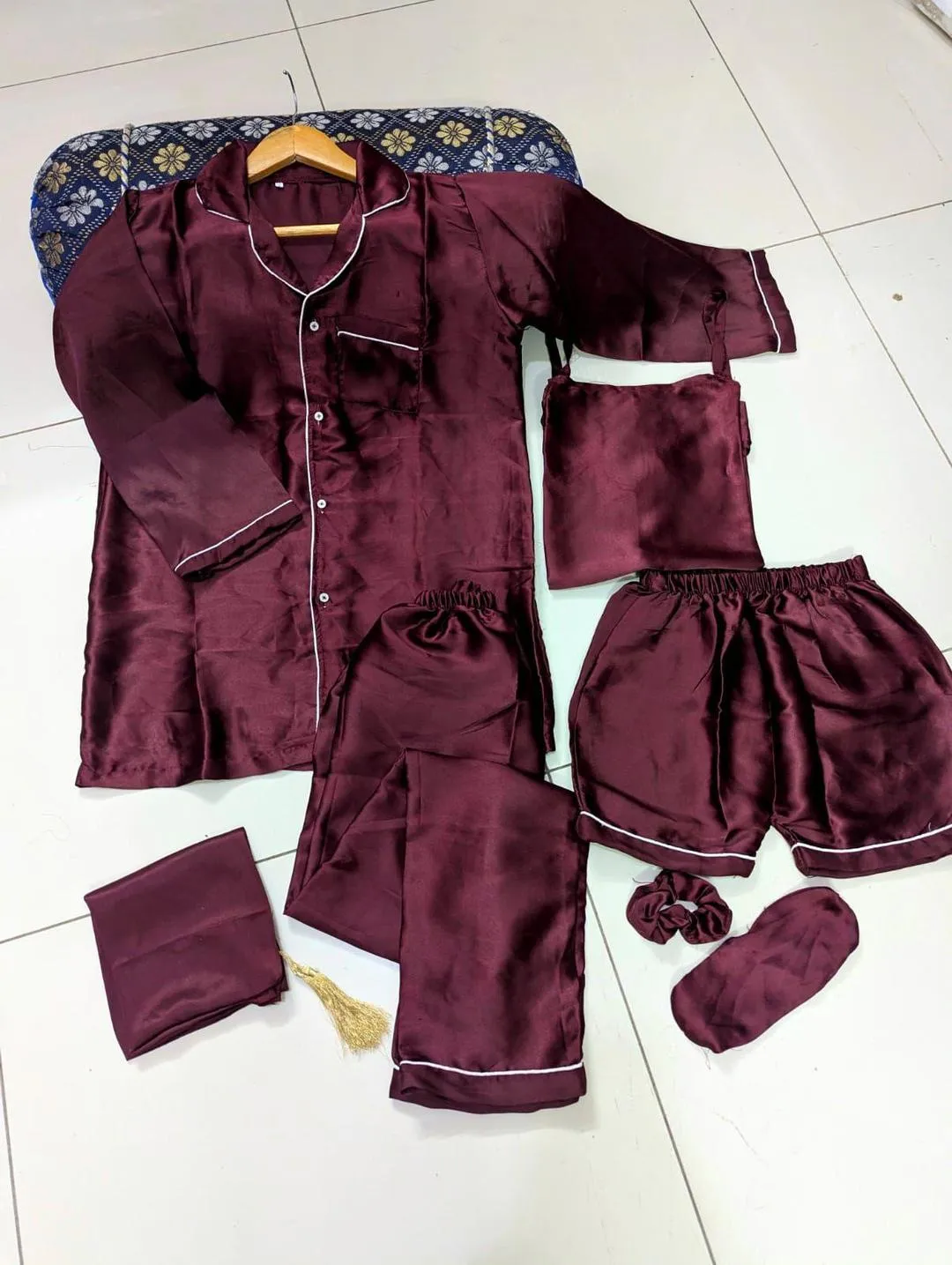 Luxurious 7 Pcs Maroon Silk Night Suit Set with Shorts