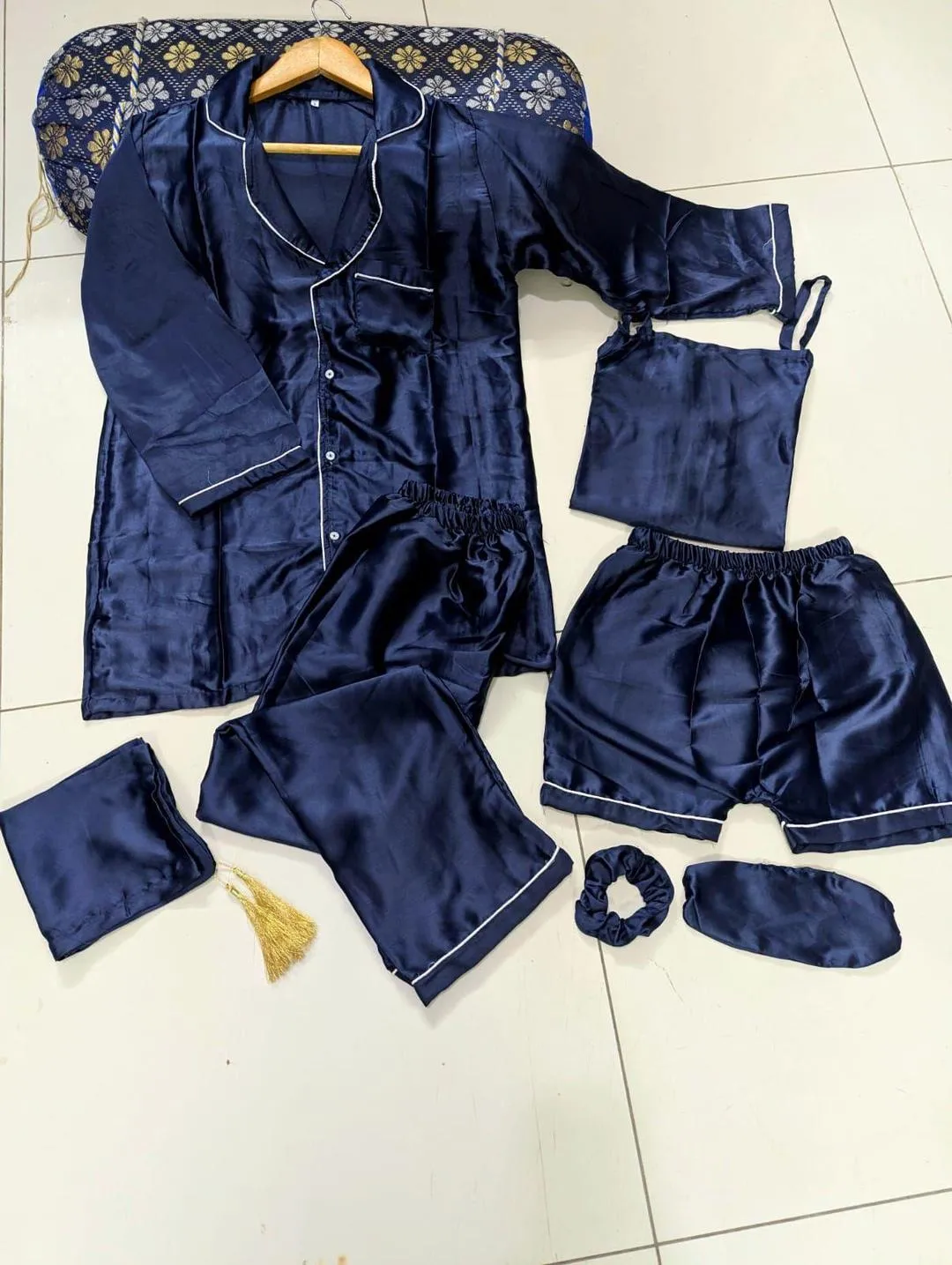 Luxurious 7 Pcs Women's Stitched Silk Night Suit - Blue Plain Design