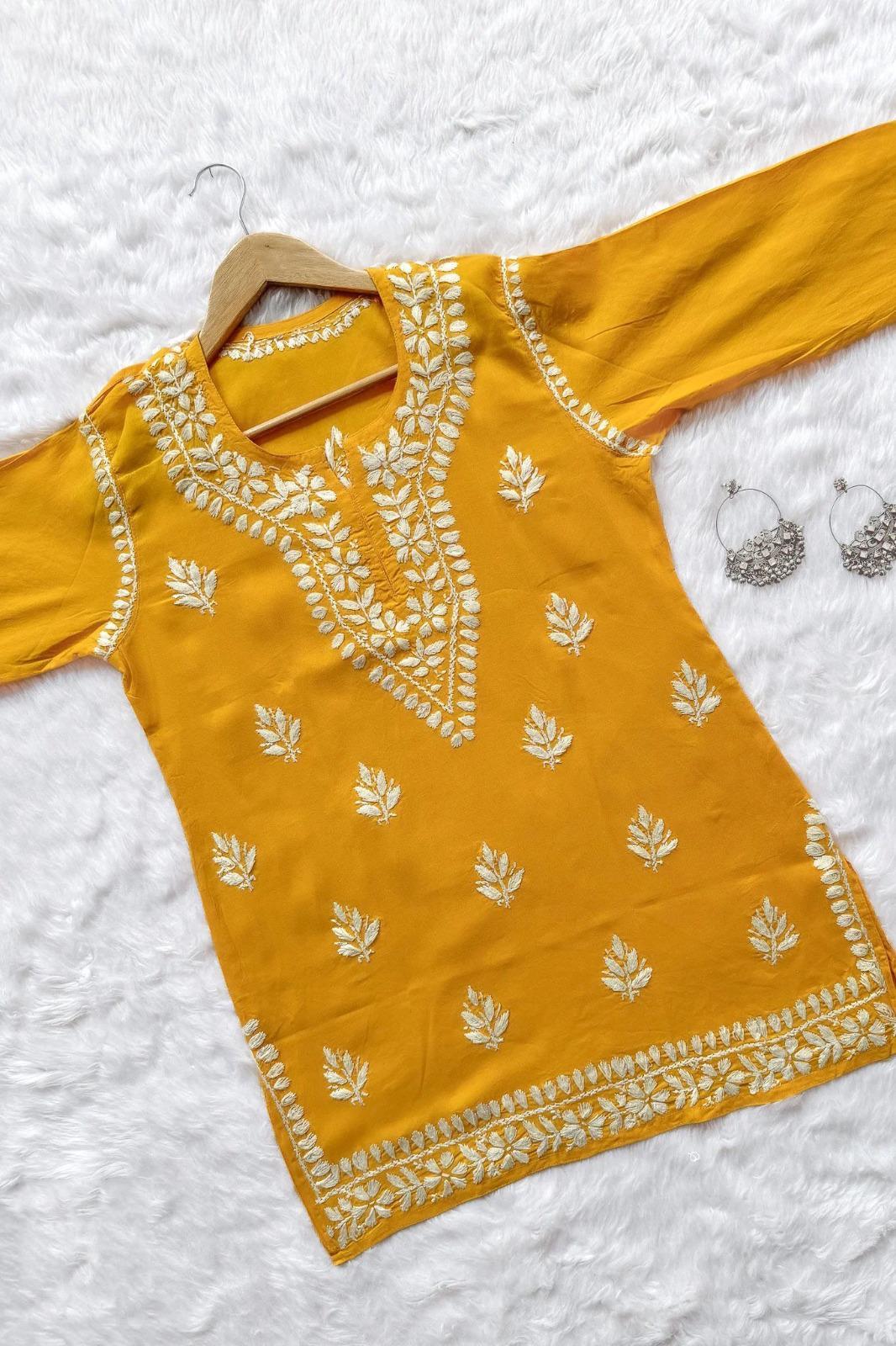 Elegant Mustard Georgette Embroidered Kurta - 1 Pc