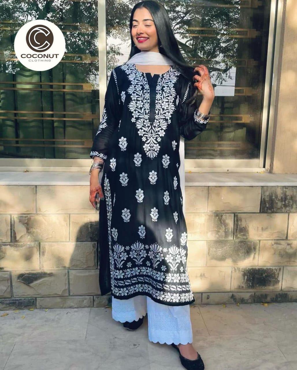 Women's Chikankari Embroidered Linen Kurta - 1 Pc, Round Neck, Black