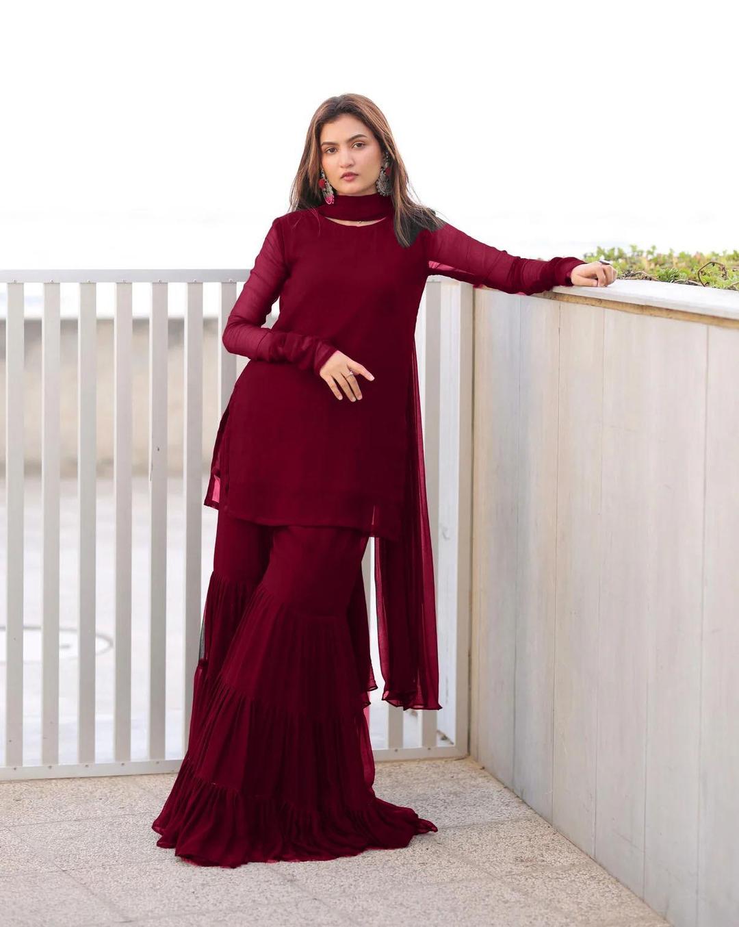 Stylish Women’s Stitched Chiffon Gharara Shirt Set - Maroon - 3 Pcs