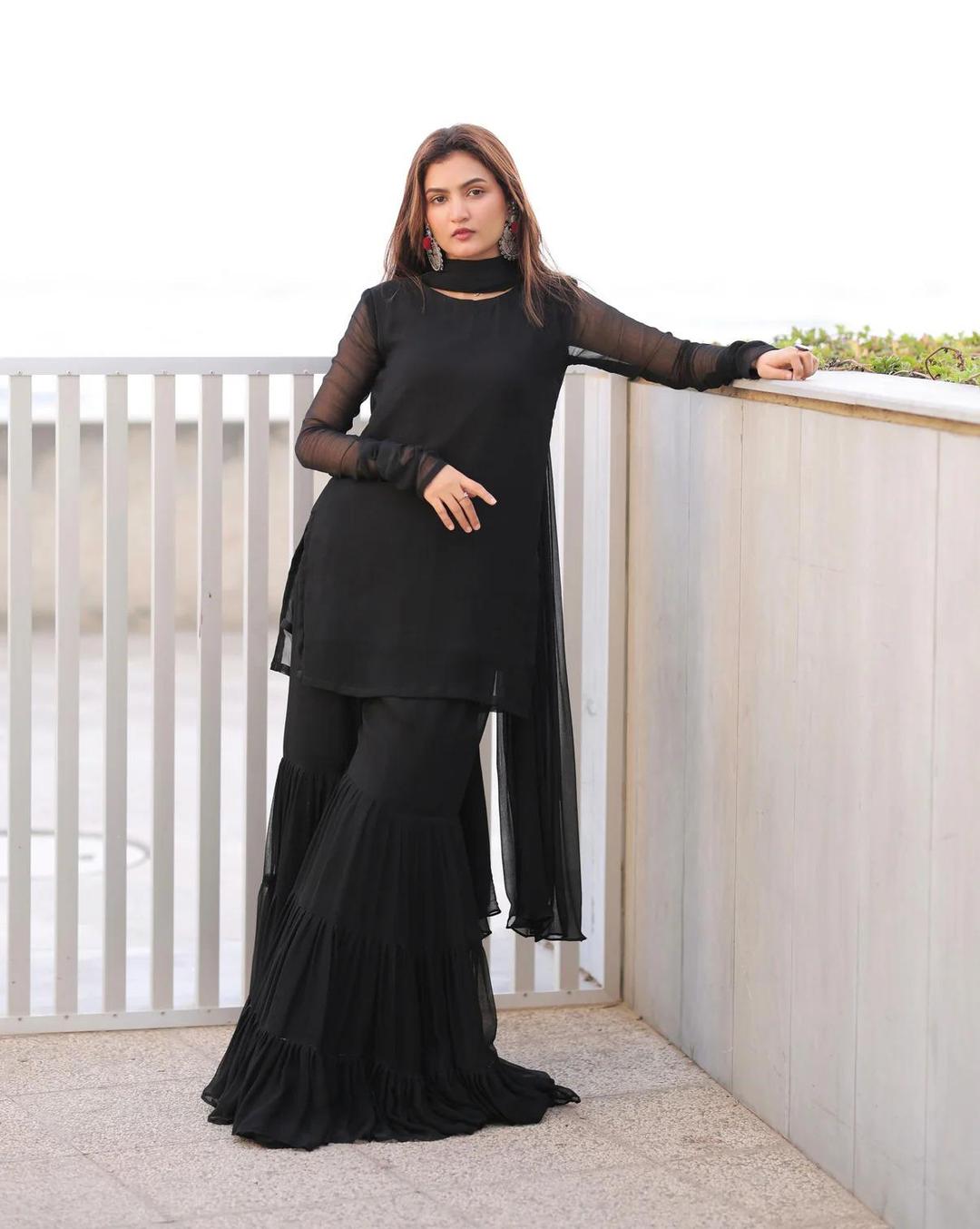 Elegant Black Chiffon Gharara Shirt Set - 3 Pcs