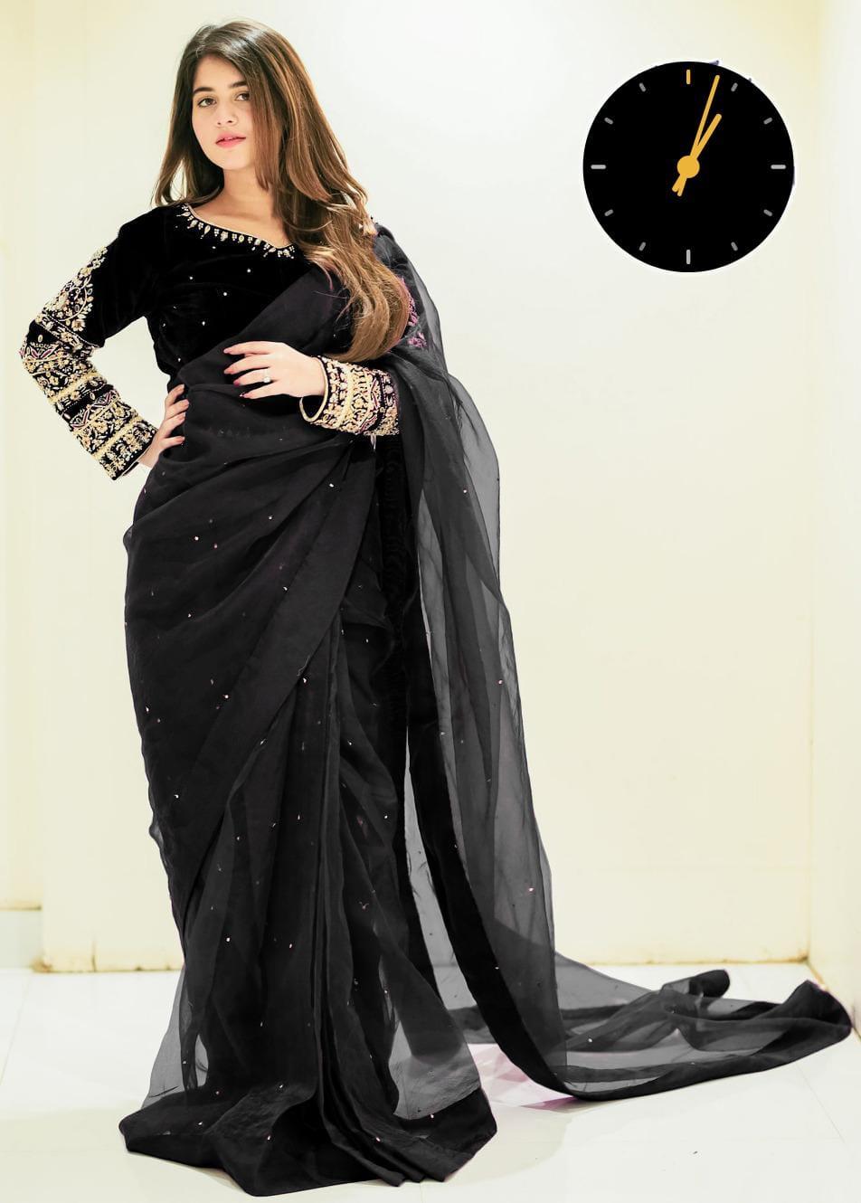Stitched Chiffon Saree Set - 3 Pcs Black Embroidered Elegance