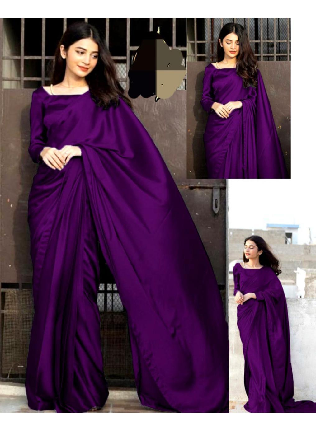 Stitched Saree Set in Rich Purple Shalmose Silk - 2 Pcs Includes Blouse & Petticoat