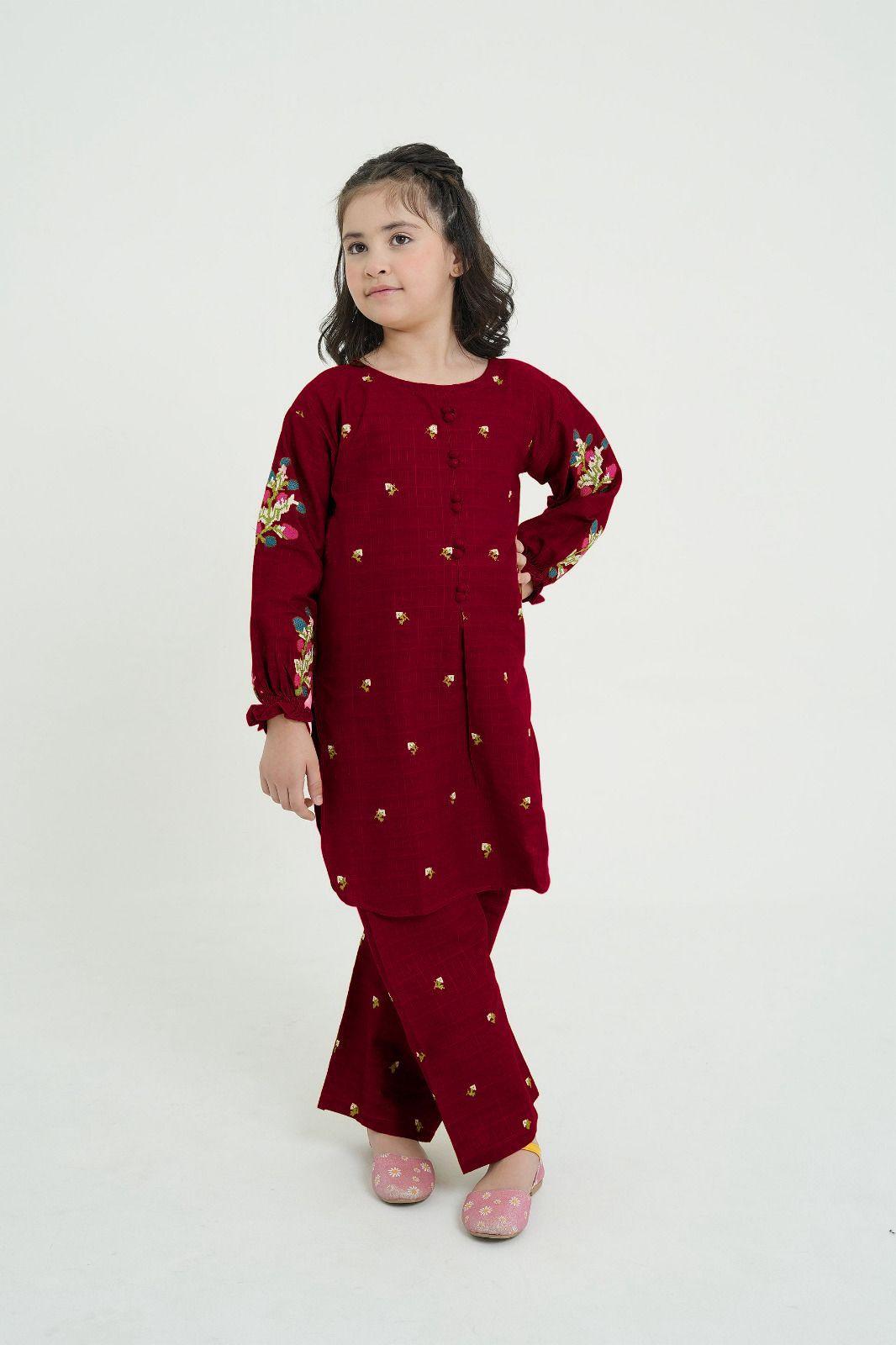 Stylish Girl's Embroidered Cotton Kurta and Trouser Set - 2 Pcs