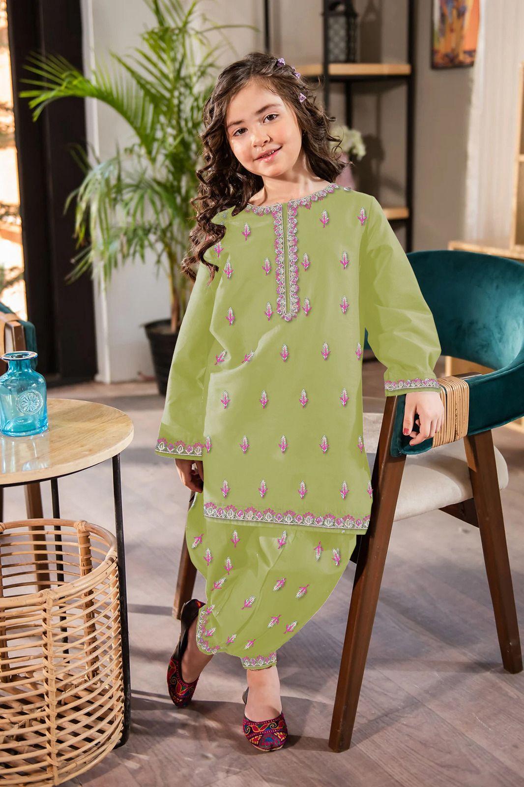 2 Pcs Girl's Cotton Embroidered Kurta And Pajama
