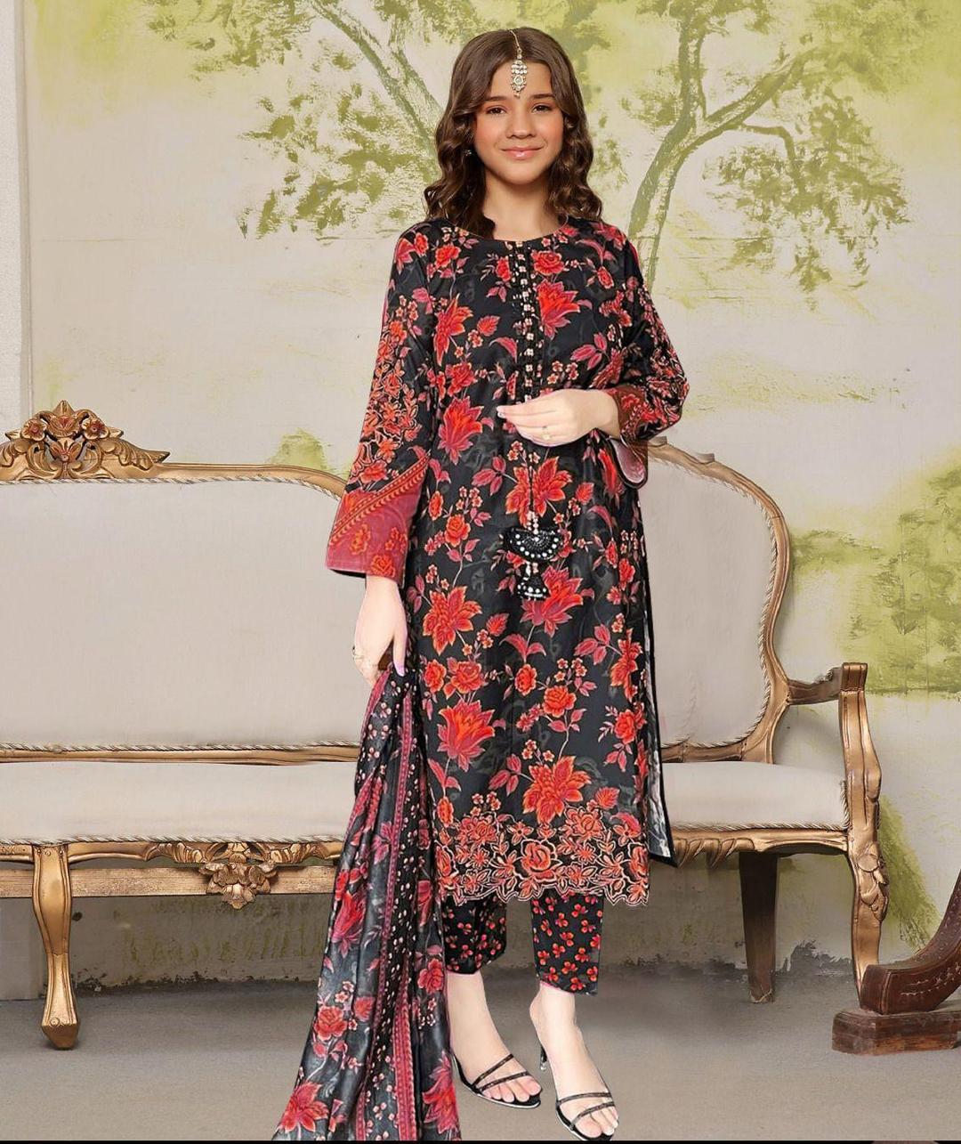Trendy Printed Stitched Suit for Girls - 3 Pcs in Luxurious Sussi Material