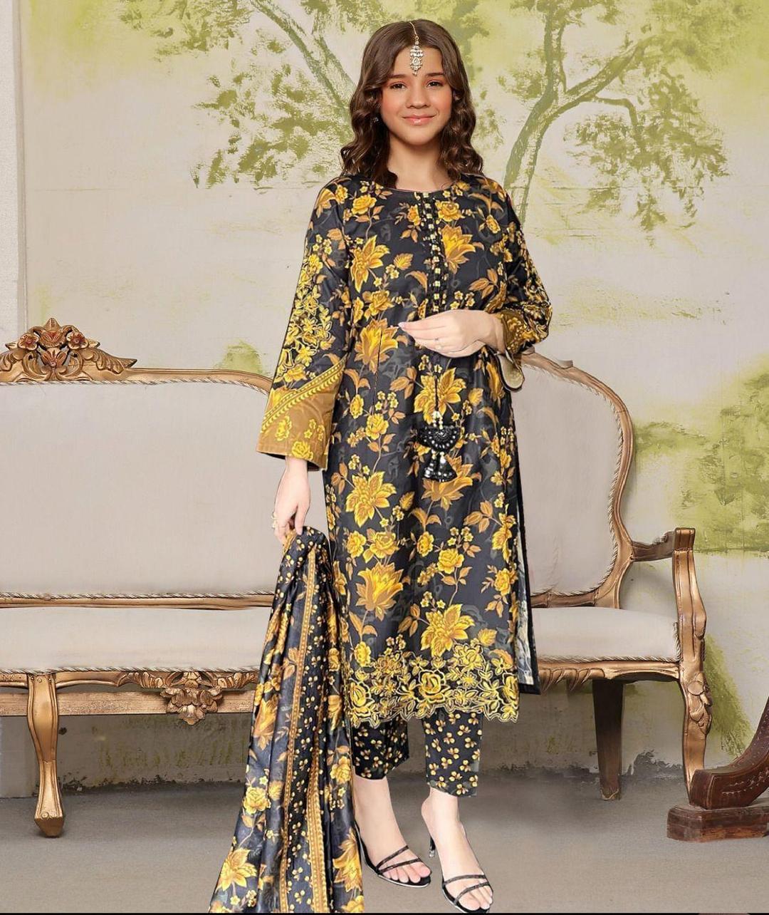 Printed Sussi Stitched Suit for Girls - 3 Pcs Set