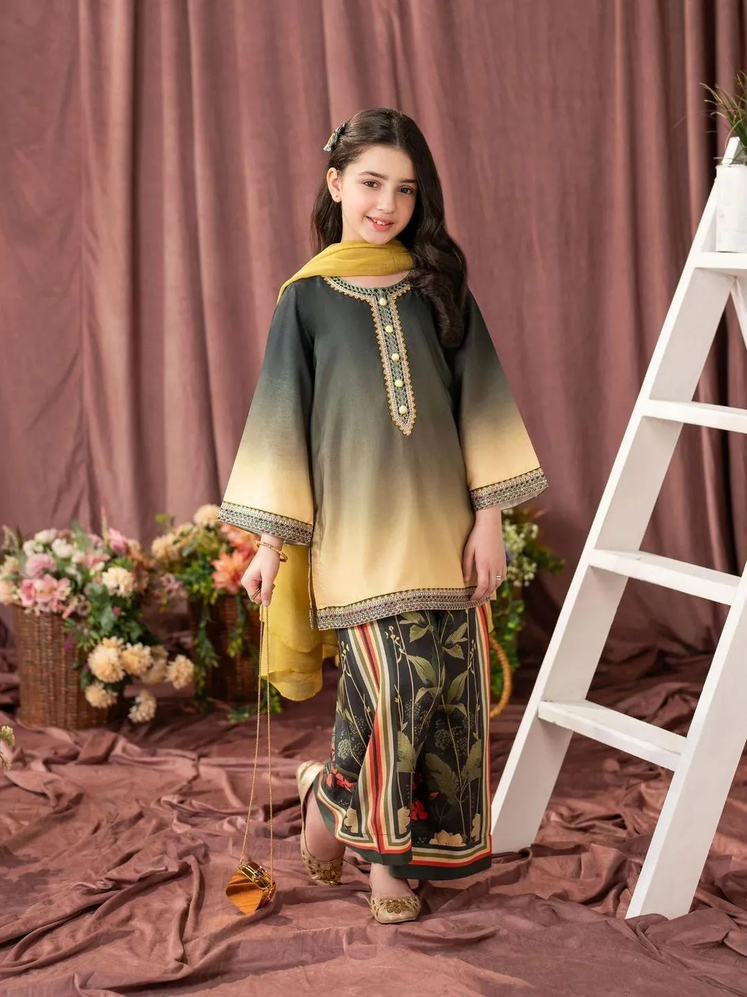 Charming Printed Stitched Suit for Girls - 3 Pcs Set in Multicolor