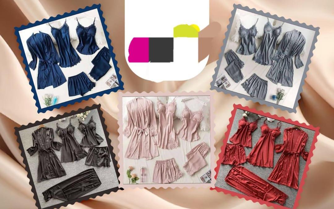 5 Pcs Silk Plain Comfortable And Lightweight Nightwear Set