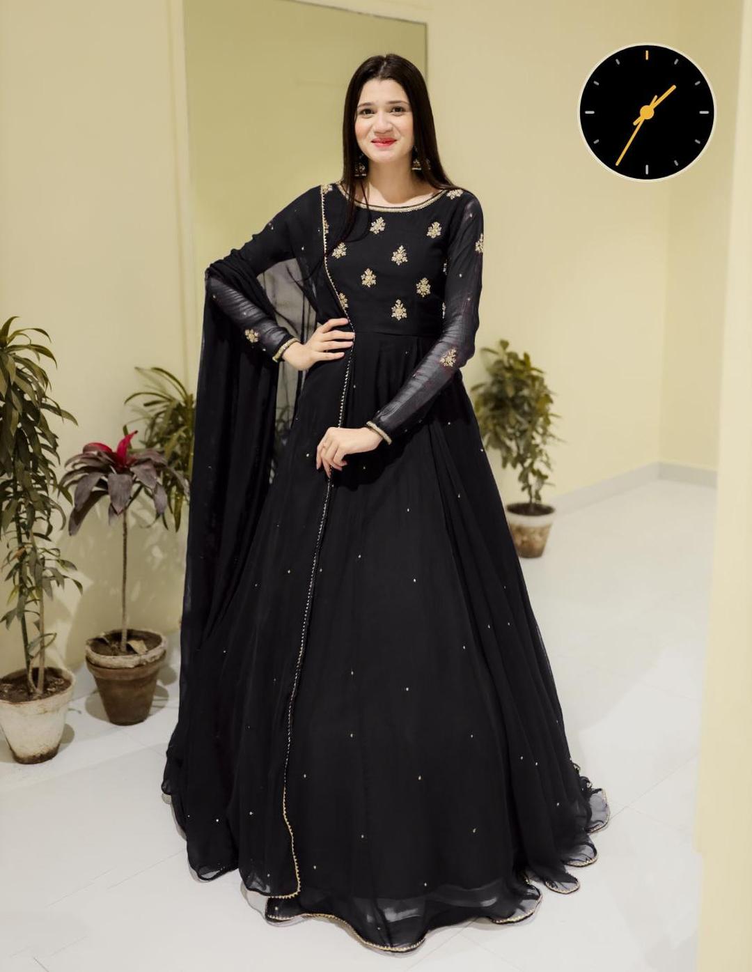 Stunning Black Chiffon Maxi Suit with 3 Pcs – Embroidered Elegance