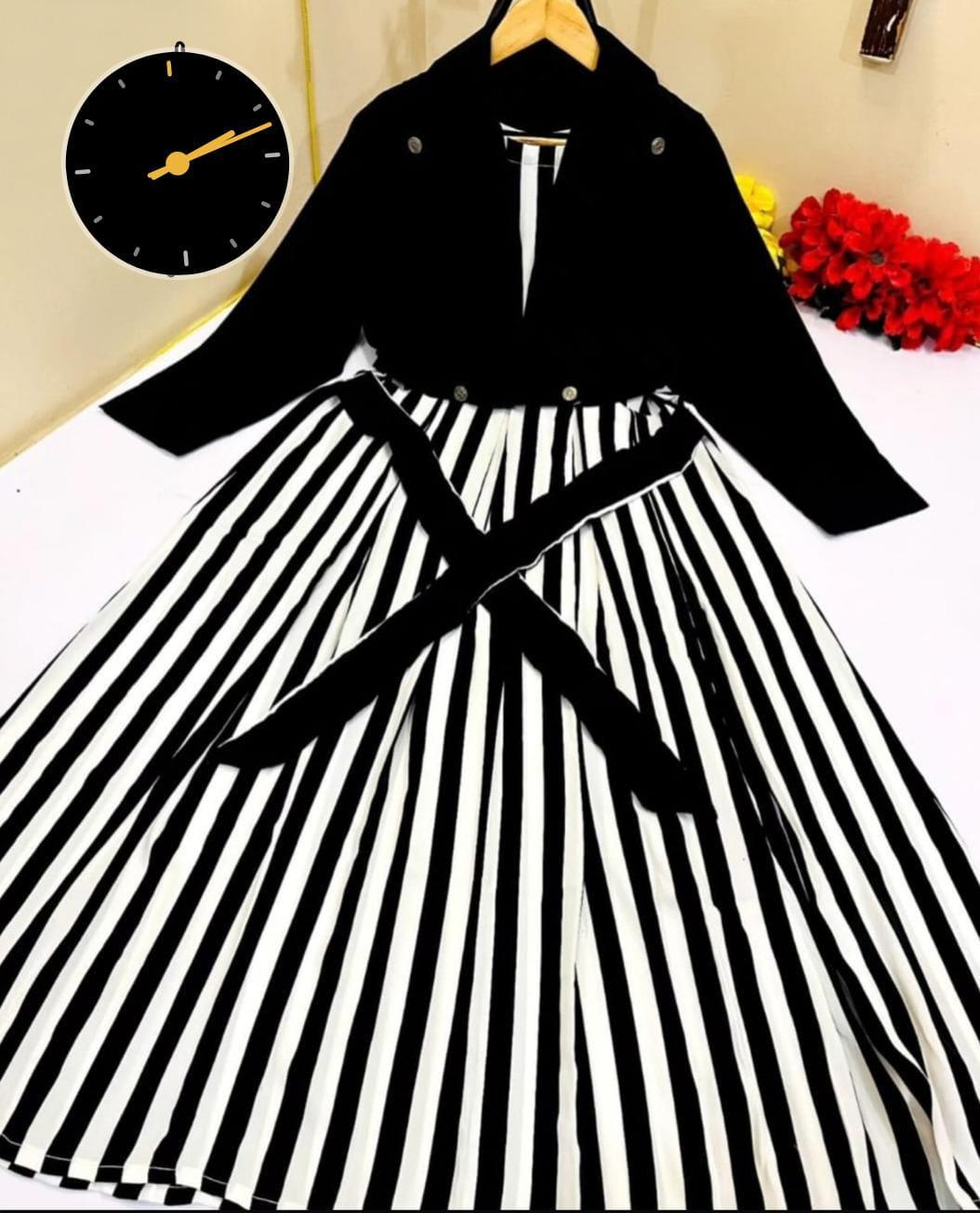 Stylish Women's Stitched Black Maxi & Jacket - 2 Pcs Set, Silk Striped Design