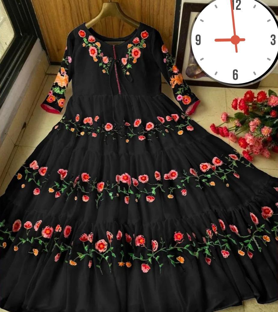 Elegant Black & Blue Embroidered Chiffon Maxi Dress - 1 Pc