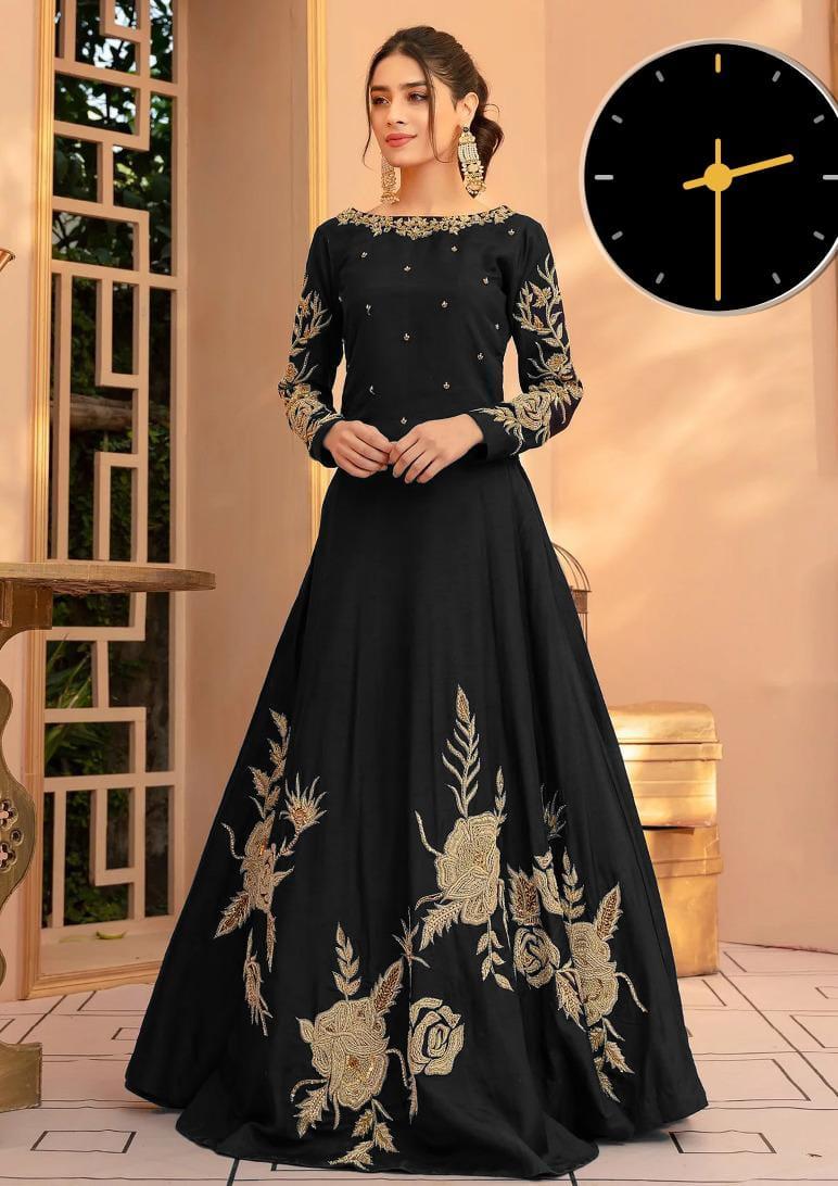 1 Pc Black Shamoz Silk Embroidered Round Neck Maxi Suit for Women