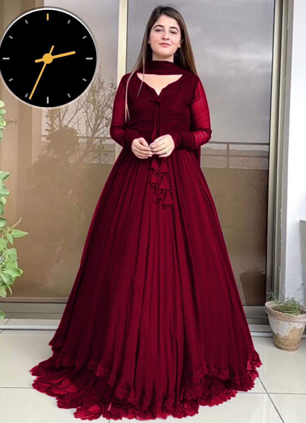 Exquisite Maroon Chiffon Maxi Suit - 3 Pcs Set with Dupatta & Trouser