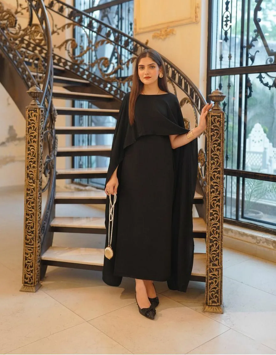 Stunning Black Shamoz Silk Maxi Dress with Cap Shawl - 2 Pcs