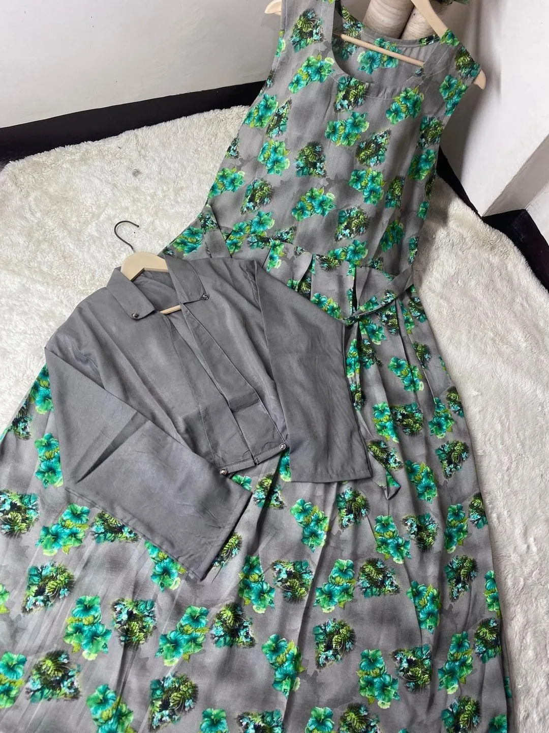 Stylish 2 Pcs Women's Printed Swiss Lawn Maxi and Koti Set