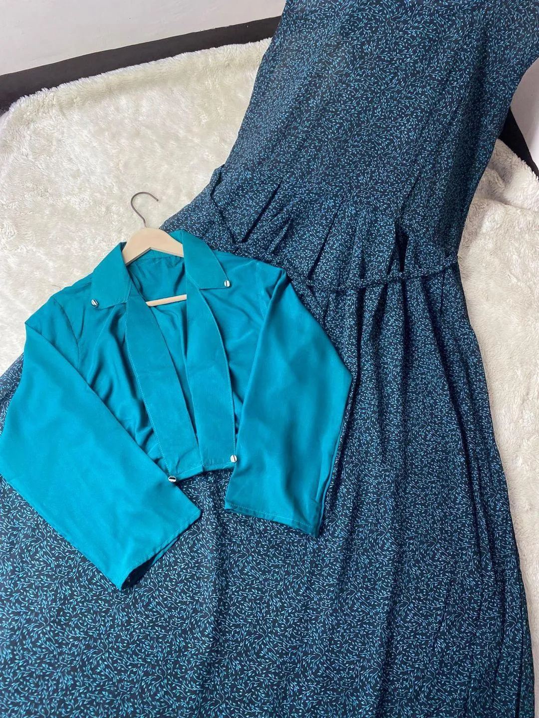 Stylish 2 Pcs Women's Printed Georgette Maxi and Jacket Set in Blue