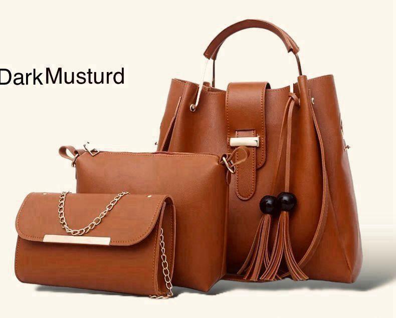 Stylish Women's Mustard Leather Hand Bag Set - 3 Pcs