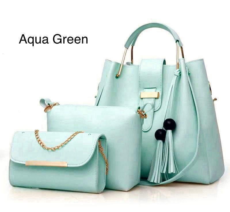 Stylish Girl's Leather Hand Bag Set - 3 Pcs in Green