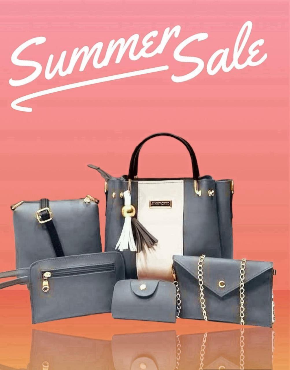 Stylish Women's Grey Rexine Hand Bag Set - 5 Pcs