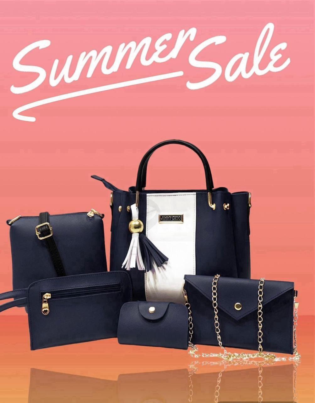 Stylish Women's Rexine Hand Bag Set - 5 Pcs in Blue