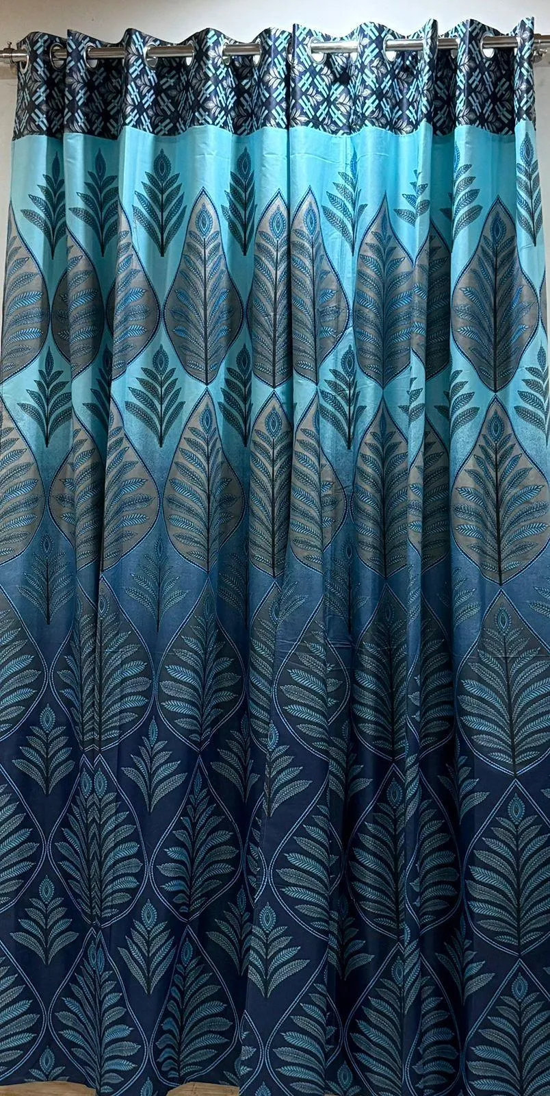 Blue Printed Cotton Curtains 2 Pcs 102x60"