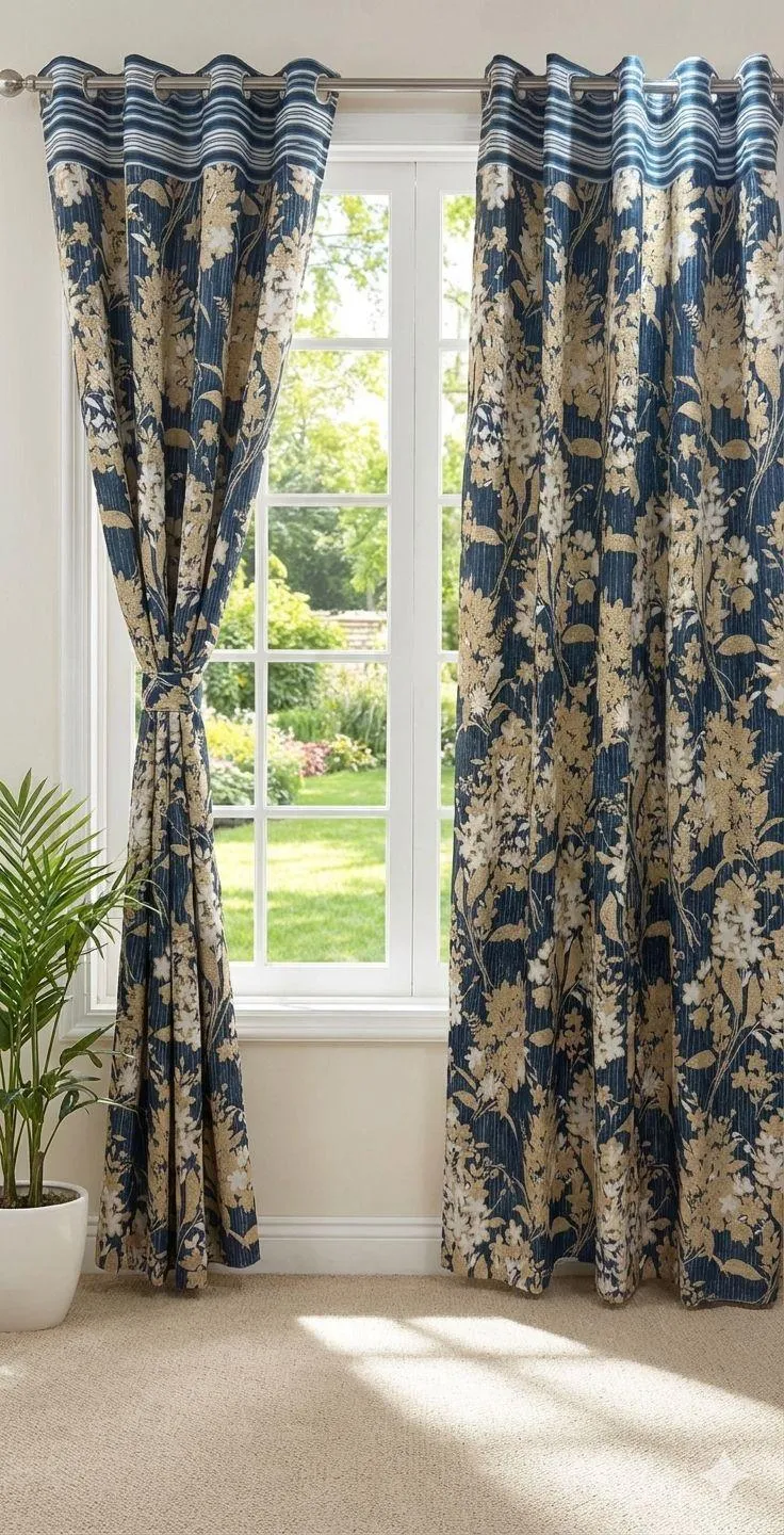 Luxurious 1 Pair Cotton Salonica Printed Curtains