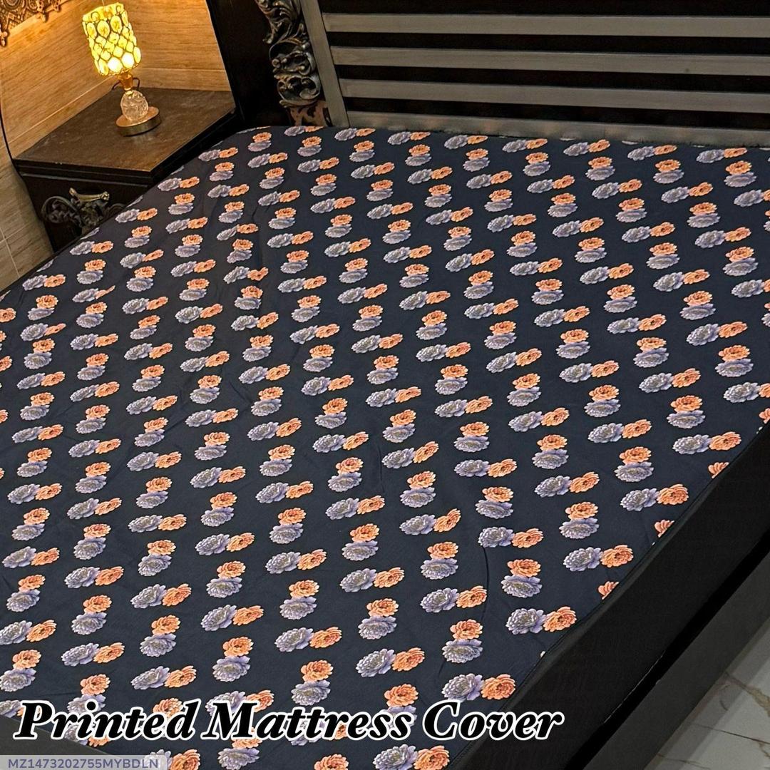 Printed Mattress Cover Waterproof Terry Cotton Blue Floral Double Bed