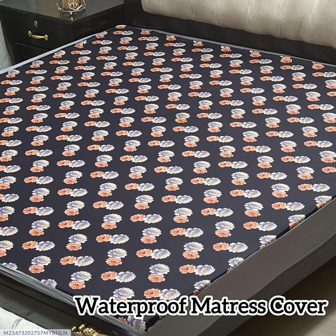 Waterproof Terry Cotton Printed Double Bed Mattress Cover Deep Blue