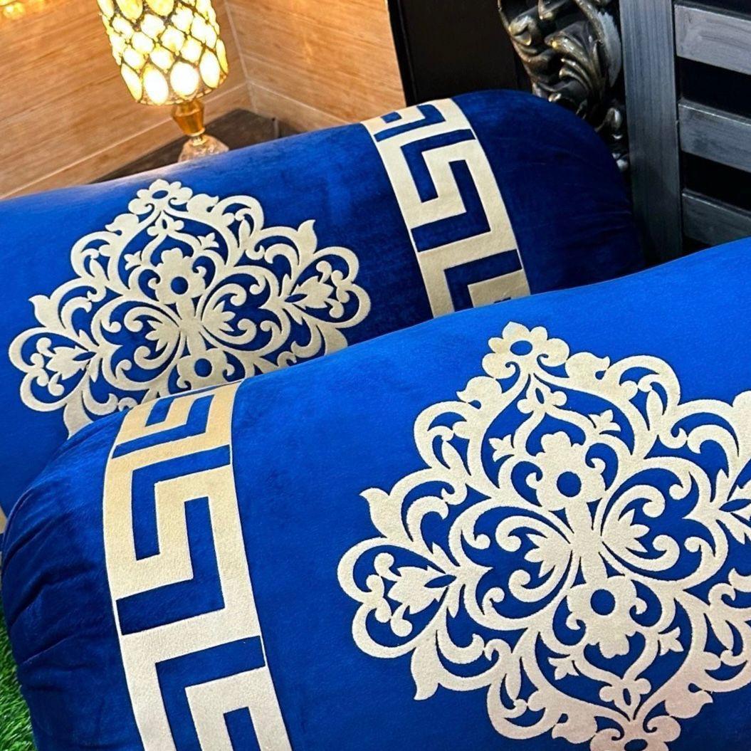 Luxurious Blue Velvet Printed Pillow Covers - 2 Pcs Round Design