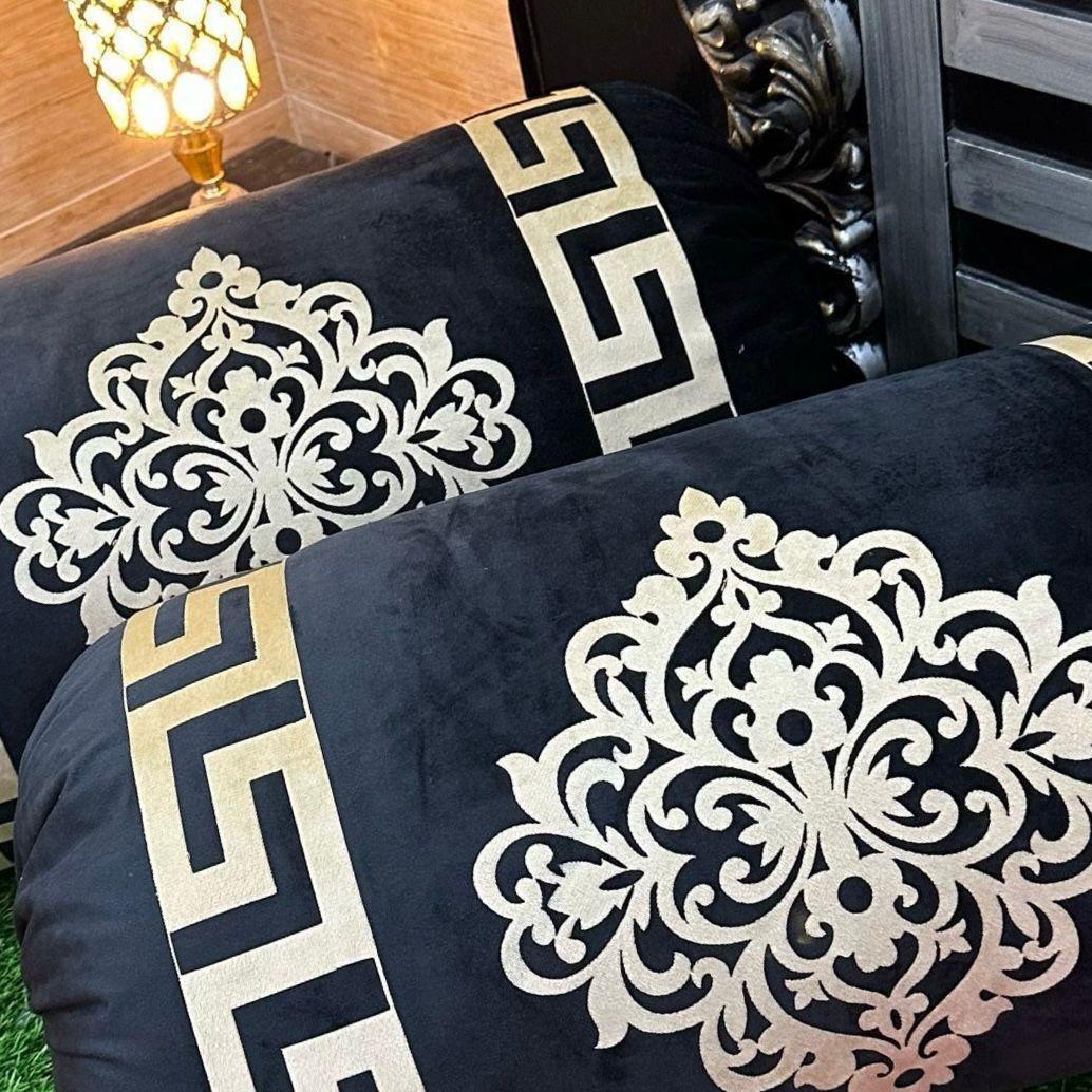 Luxurious Black Velvet Printed Pillow Covers - 2 Pcs Round Design