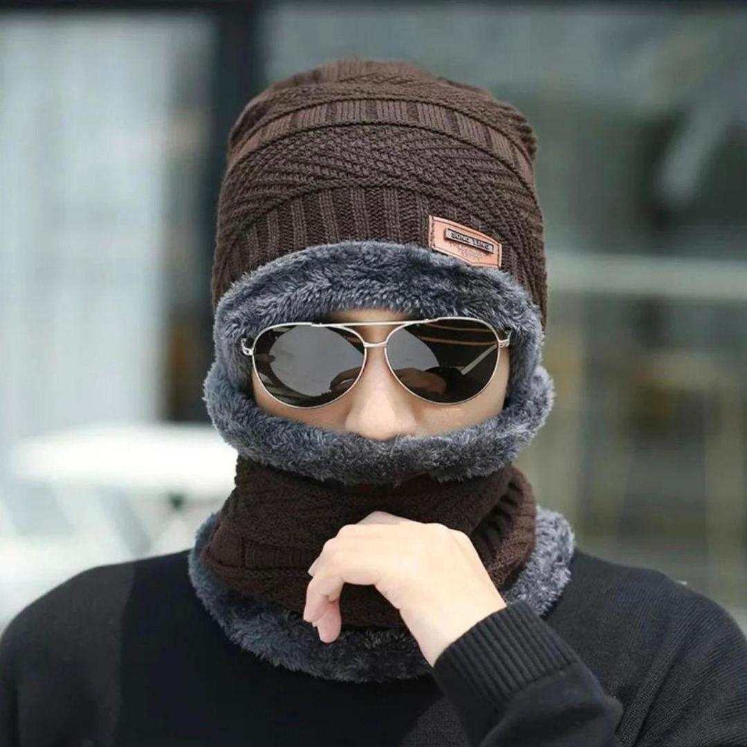 2 Pcs Wool Textured Beanie and Neck Warmer Set for Unisex