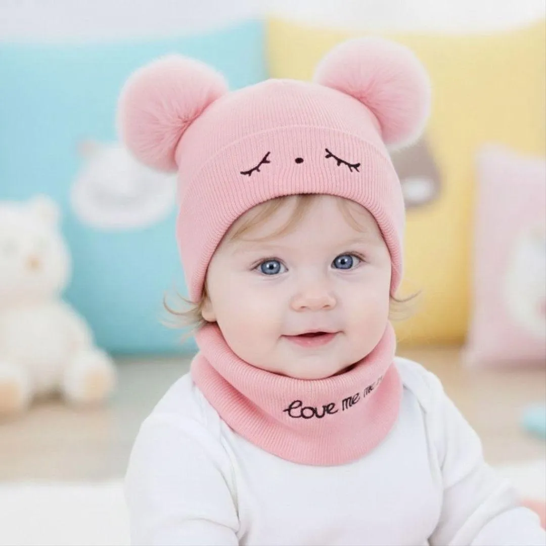 Kid's 2 Pcs Wool Textured Beanie And Neck Warmer in Pink