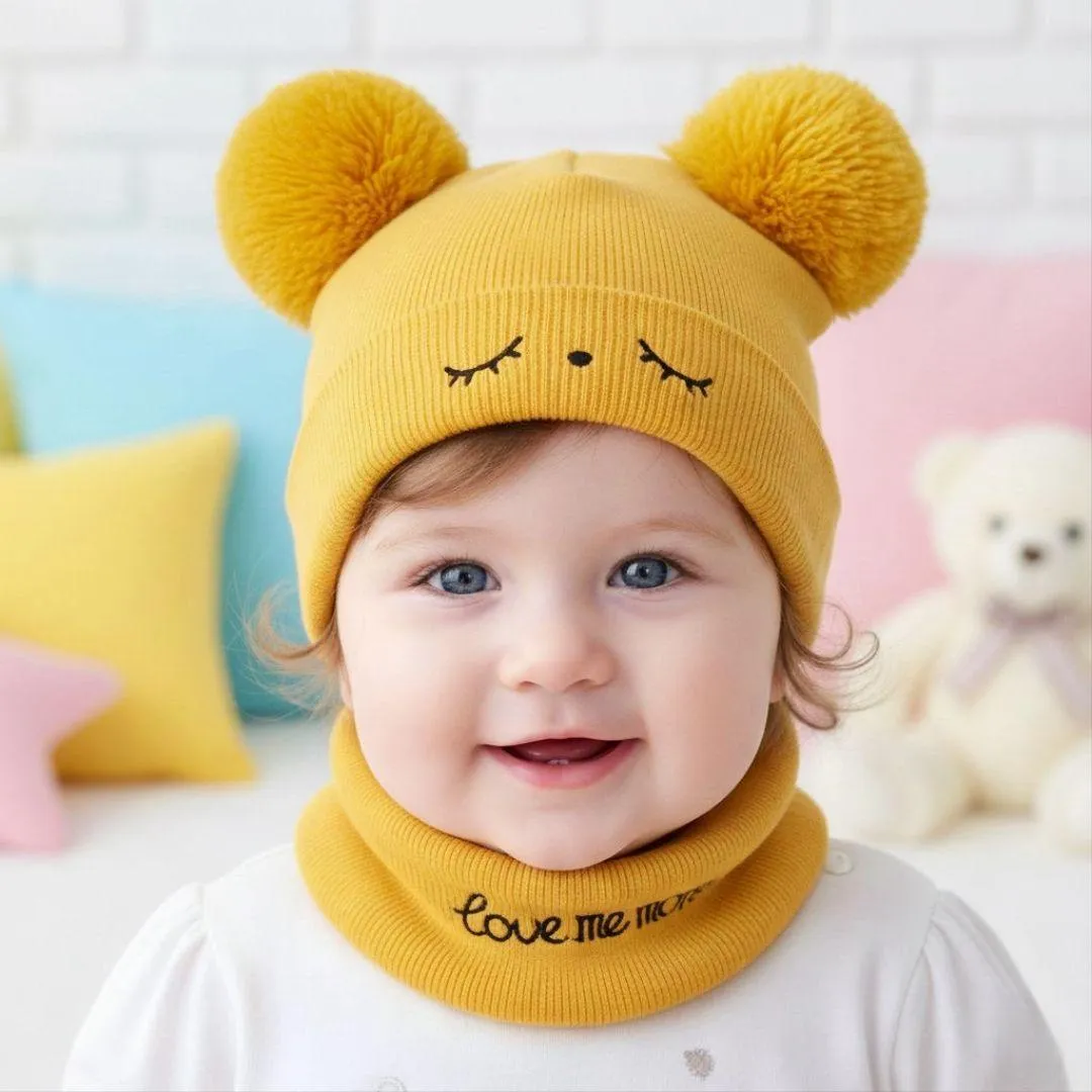 Kid's 2 Pcs Wool Textured Beanie And Neck Warmer in Yellow