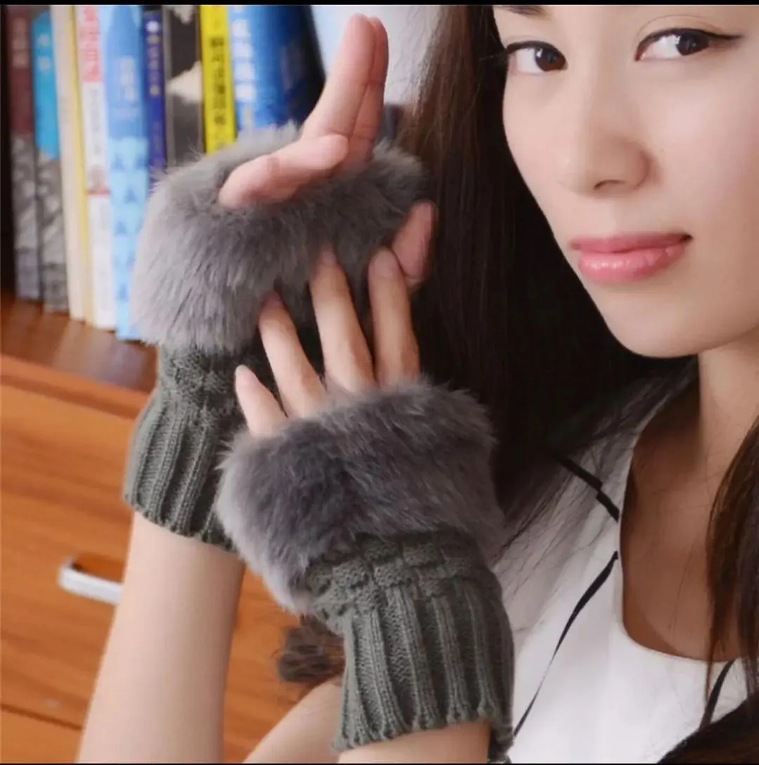 Warm Fingerless Gloves - 1 Pair Wool & Fur Fingerless Gloves Women's Winter Accessory