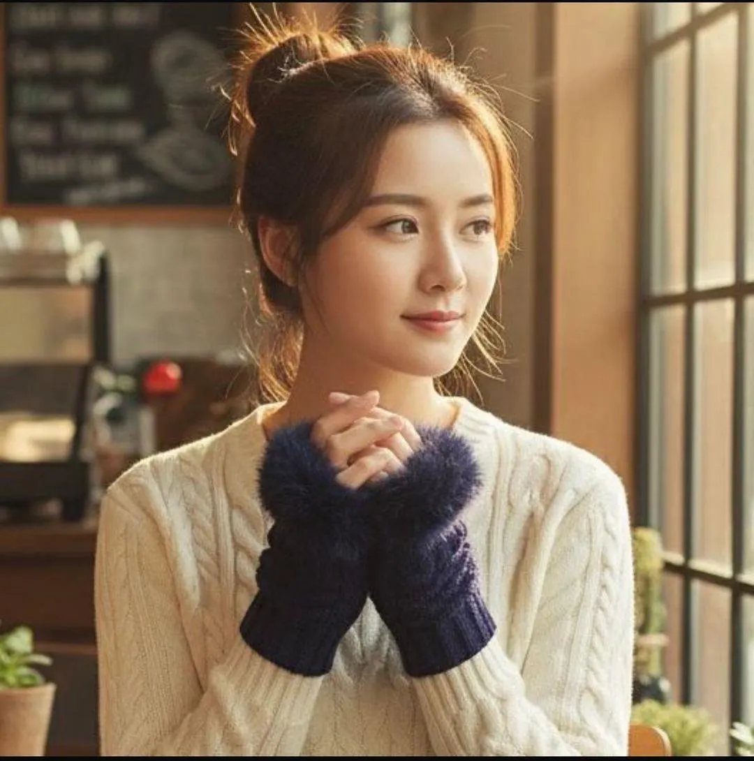 Warm Fingerless Gloves - 1 Pair Wool & Fur Fingerless Gloves Women's Winter Accessory