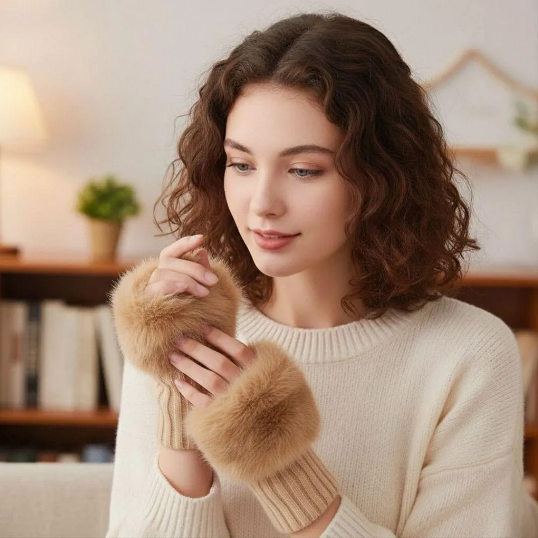Warm Fingerless Gloves - 1 Pair Wool & Fur Fingerless Gloves Women's Winter Accessory in Beige Color