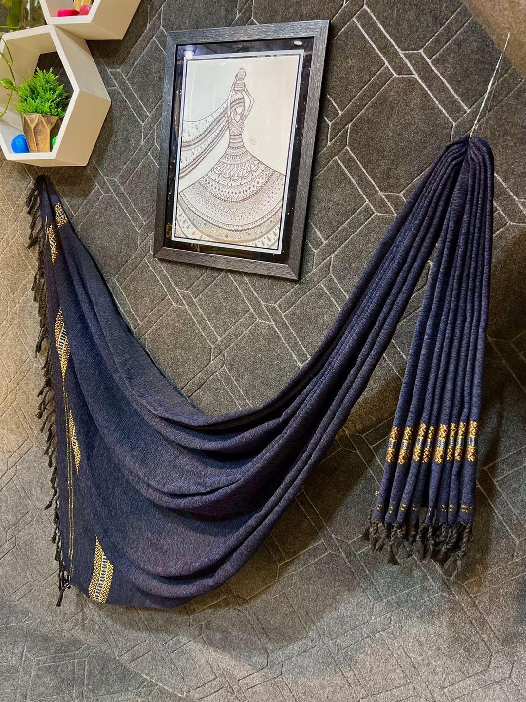 Luxurious Blue Velvet Embroidered Shawl - 1 Pc