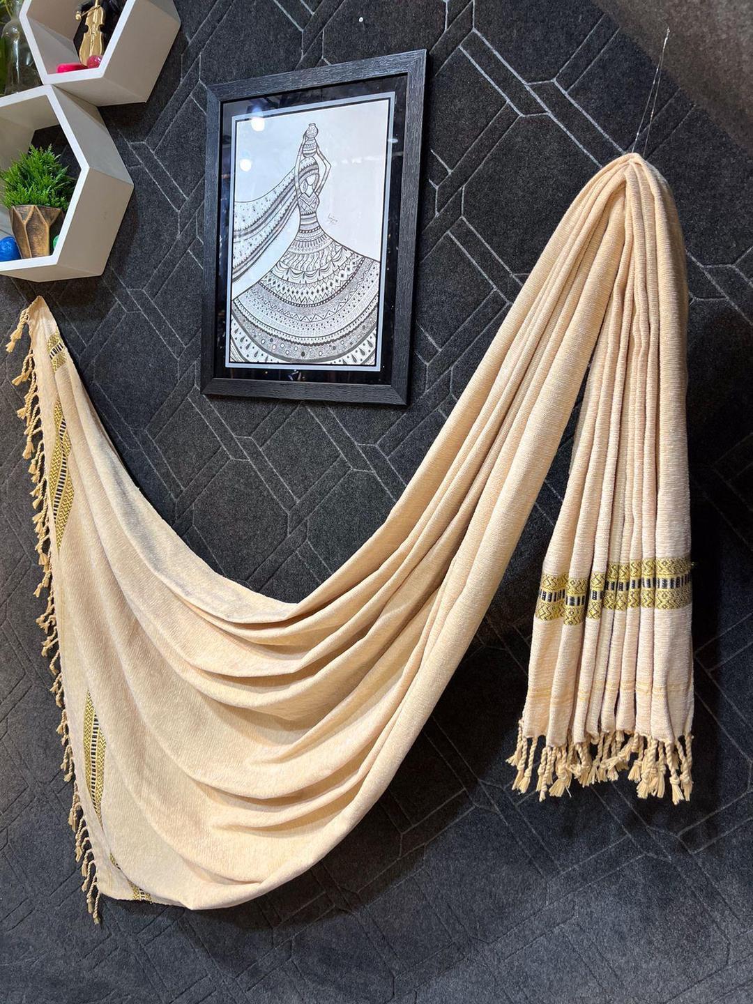 Luxurious Embroidered Velvet Shawl - 1 Pc - Elegant Beige Design