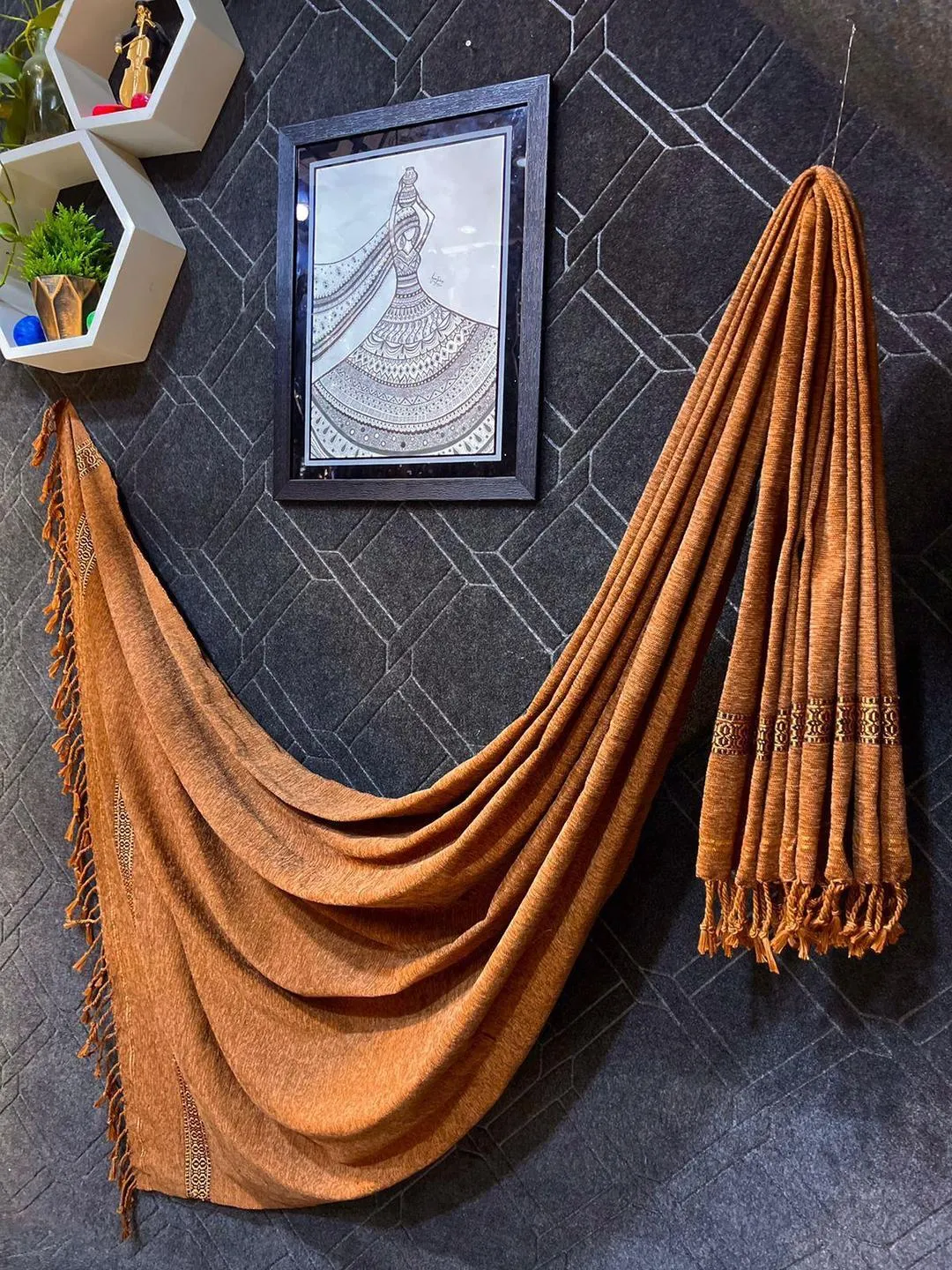 Luxurious 1 Pc Men's Velvet Plain Shawl in Orange Color